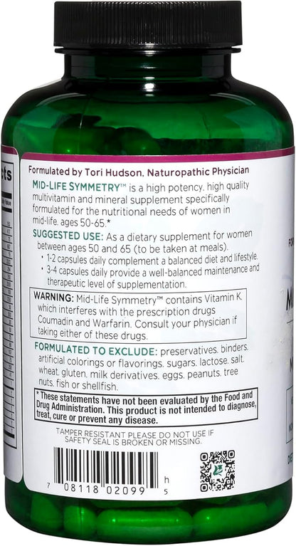 Vitanica - Mid-Life Symmetry, 50-65 High Potency Multivitamin and Mineral, Vegan, 180 Capsules