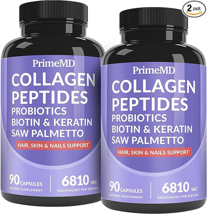 27-in-1 Hair Skin and Nails Vitamins (6810mg) w/Biotin 10000mcg - Collagen Supplements for Men and Women Hair Growth Vitamins, Keratin Supplements with Probiotics, Saw Palmetto (90 ct, Pack of 2)