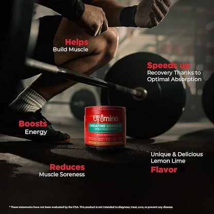 Oh!mino Patented Creatine Complex Supplement: Vegan, Sugar Free, Non-GMO & Gluten Free - Patented Formula: Pre & Post Workout Creatine, Micronized Powder, Lemon Lime Flavor (40 Servings)