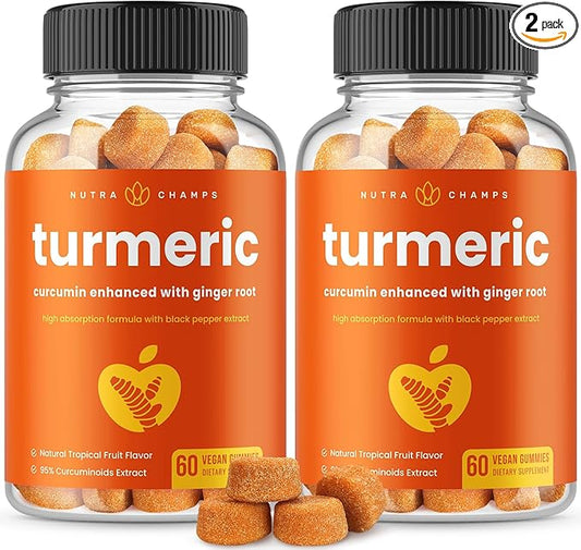 Turmeric Gummies for Adults & Kids with Ginger & Black Pepper Extract | 95% Curcuminoids | Vegan Natural Curcumin Joint Support | 120 Tumeric Gummy Supplements (2-Pack of 60)