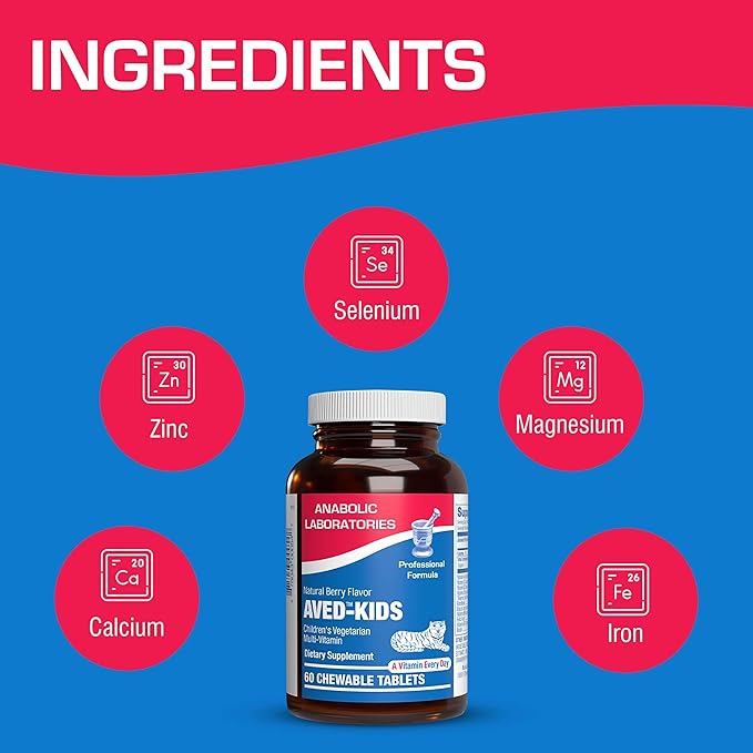 Vitamins for Kids Multivitamin with Iron - 60 Chewable Tiger Tablets with Vitamins A, B-Complex, C, D, E, Iron, Calcium, Magnesium, Zinc, and More - Natural Berry Flavor - AVED Kids