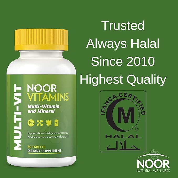 Noor Vitamins Halal Vitamins, Daily Multivitamin, Halal Vitamin for Women and Men, 30 Vitamins & Minerals, A, B12, C, Iron, Zinc to support general health, Non-GMO, Halal Multivitamin (2 Month Supply)