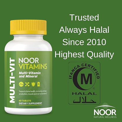 Noor Vitamins Halal Vitamins, Daily Multivitamin, Halal Vitamin for Women and Men, 30 Vitamins & Minerals, A, B12, C, Iron, Zinc to support general health, Non-GMO, Halal Multivitamin (2 Month Supply)