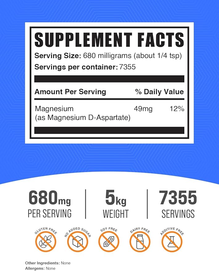 BulkSupplements.com Magnesium D-Aspartate Powder - Magnesium Supplement, High Absorption Magnesium - Gluten Free, 680mg (49mg of Magnesium) per Serving, 5kg (11 lbs) (Pack of 5)