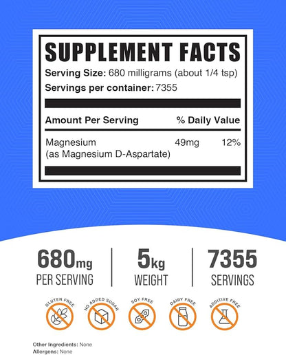 BulkSupplements.com Magnesium D-Aspartate Powder - Magnesium Supplement, High Absorption Magnesium - Gluten Free, 680mg (49mg of Magnesium) per Serving, 5kg (11 lbs) (Pack of 5)