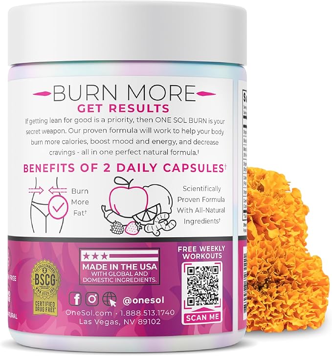 One Sol Fat Burner for Women, Natural Metabolism Booster, Burn More Calories, Boost Energy & Mood, Curb Appetite & Stop Cravings, No Crash or Jitters, All-Natural Ingredients, Gluten & Soy Free