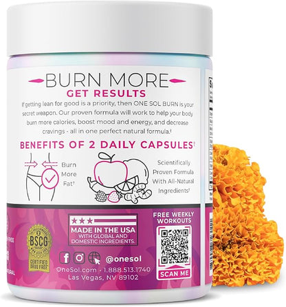 One Sol Fat Burner for Women, Natural Metabolism Booster, Burn More Calories, Boost Energy & Mood, Curb Appetite & Stop Cravings, No Crash or Jitters, All-Natural Ingredients, Gluten & Soy Free