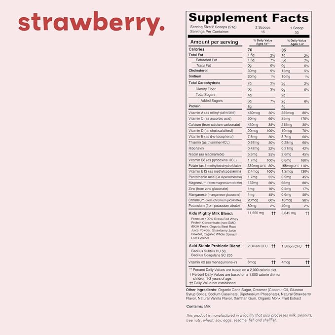 Mighty Strawberry Milk - Kids All-in-One Daily Protein Powder & Multivitamin Boosted with 2 Billion Probiotics & Organic Spinach - Natural Flavors, Colors & Sweeteners - 15-30 Servings