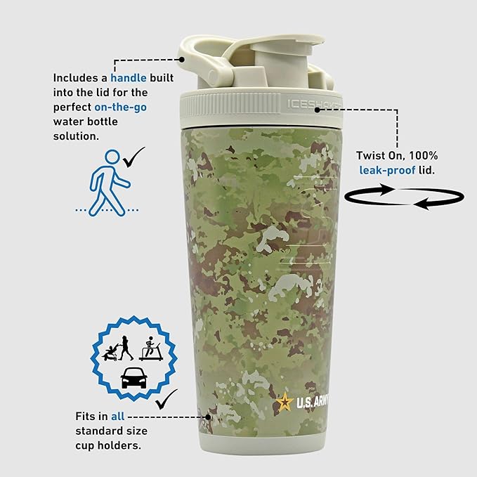 IS ICESHAKER Ice Shaker Army Camo Stainless Steel Protein Shaker Bottle, Insulated Gym Water Bottle, Keeps Drinks Ice-Cold for 30+ Hours, As Seen on Shark Tank