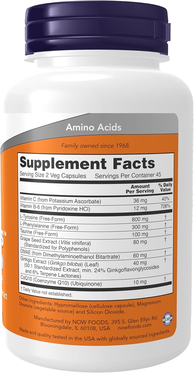 NOW Foods Supplements, True Focus™ with Amino Acids, Ginkgo, DMAE + CoQ10 and Grape Seed Extract , 90 Veg Capsules
