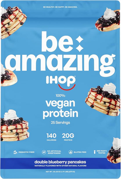 BEAM Be Amazing Vegan Protein Powder | 20g Plant-Based Protein with Prebiotics Fibers | Gluten Free Shake Mix | Low Carb Non-Dairy Smoothie | IHOP Double Blueberry, 25 Servings