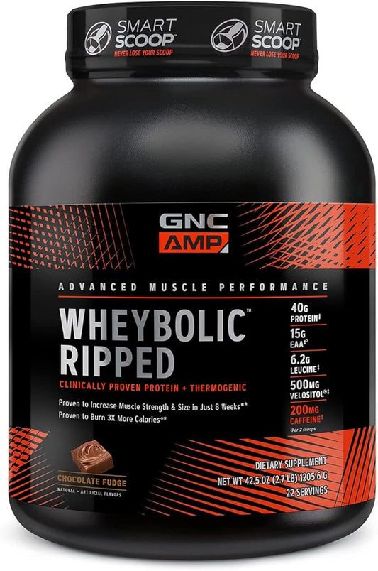 GNC AMP Wheybolic Ripped Whey Protein Powder Isolate with BCAA | Targeted Muscle Building and Workout Support Formula | Gluten Free | Chocolate Fudge | 22 Servings
