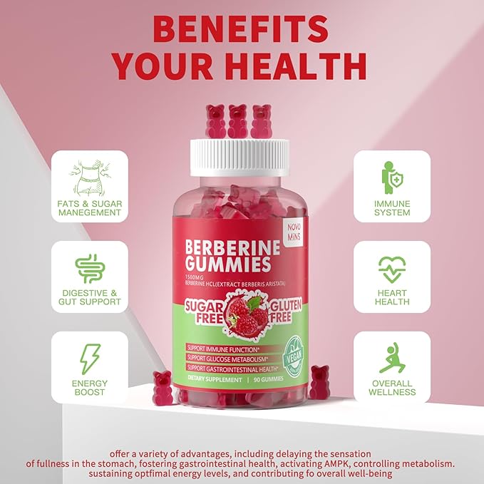 Berberine Gummies with Ceylon Cinnamon 1500mg High Potency Berberine HCL Supplement for Immune and Metabolism Support, Sugar Free Organic Berberine Gummies Raspberry Flavor.