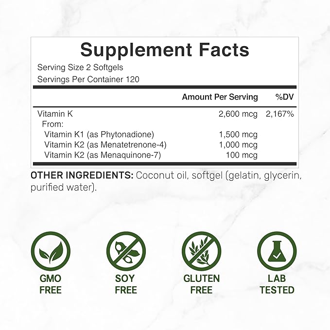 DEAL SUPPLEMENT Premium Vitamin K Complete - High Potency Vitamin K2 (MK-7 and MK-4) & K1, 240 Coconut Oil Infused Softgels - Full Spectrum Triple Vitamin K, Optimal Bone & Heart Health Support
