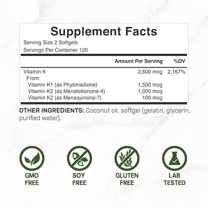 DEAL SUPPLEMENT Premium Vitamin K Complete - High Potency Vitamin K2 (MK-7 and MK-4) & K1, 240 Coconut Oil Infused Softgels - Full Spectrum Triple Vitamin K, Optimal Bone & Heart Health Support