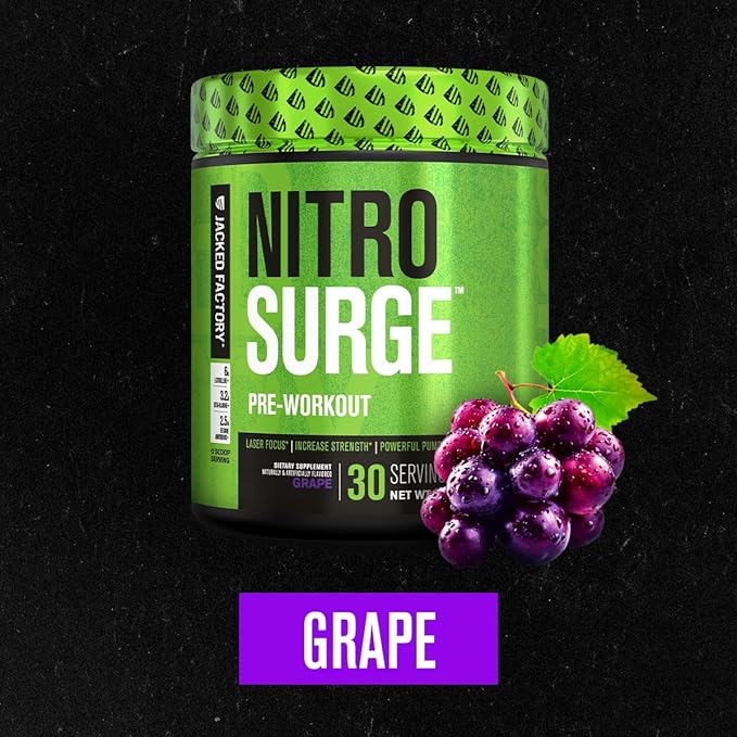 Jacked Factory NITROSURGE Pre Workout Supplement - Endless Energy, Instant Strength Gains, Clear Focus, Intense Pumps - Nitric Oxide Booster & Powerful Preworkout Energy Powder - 30 Servings, Grape
