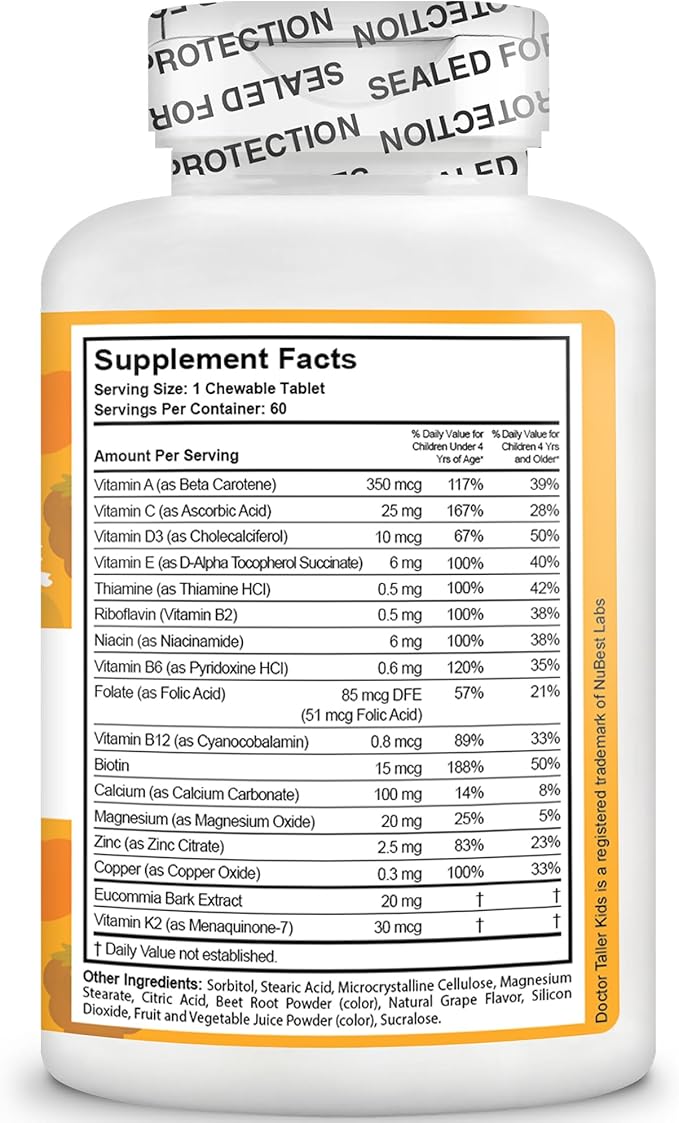 NuBest Doctor Taller Kids - Kids Multivitamins, Toddler Vitamins - Support Healthy Height, Height Growth and Bone Strength for Ages 2 to 9 - Grape Flavor - 60 Vegan Chewable Tablets | 6 Pack