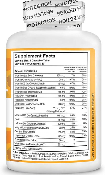 NuBest Doctor Taller Kids - Kids Multivitamins, Toddler Vitamins - Support Healthy Height, Height Growth and Bone Strength for Ages 2 to 9 - Grape Flavor - 60 Vegan Chewable Tablets | 6 Pack