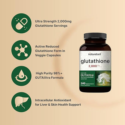 NatureBell Glutathione Supplement 2,000mg Per Serving, 240 Veggie Capsules | 98%+ Purity Verified, Bioavailable Reduced Glutathione Pills, Active Form, Master Antioxidant – Vegan Friendly & Non-GMO