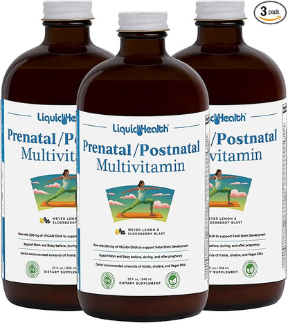 LIQUIDHEALTH Prenatal/Postnatal Multiple Liquid Women's Multivitamin with Real Folate - Pre & Postnatal Vitamins for Before, During, After Pregnancy - Vegan, Sugar-Free, Non GMO, Great Taste (3 Pack)