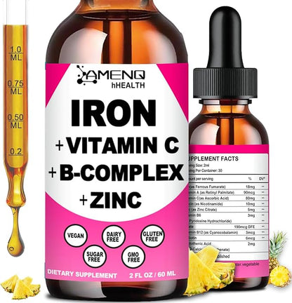 Iron Supplement for Women Men & Kids, Iron Vitamin C, A, B-Complex, Vegan Iron Drops High Potency Liquid Vitamin & Iron Supplements for Anemia, Red Blood Cell, Energy, Blood Builder, Gentle Iron