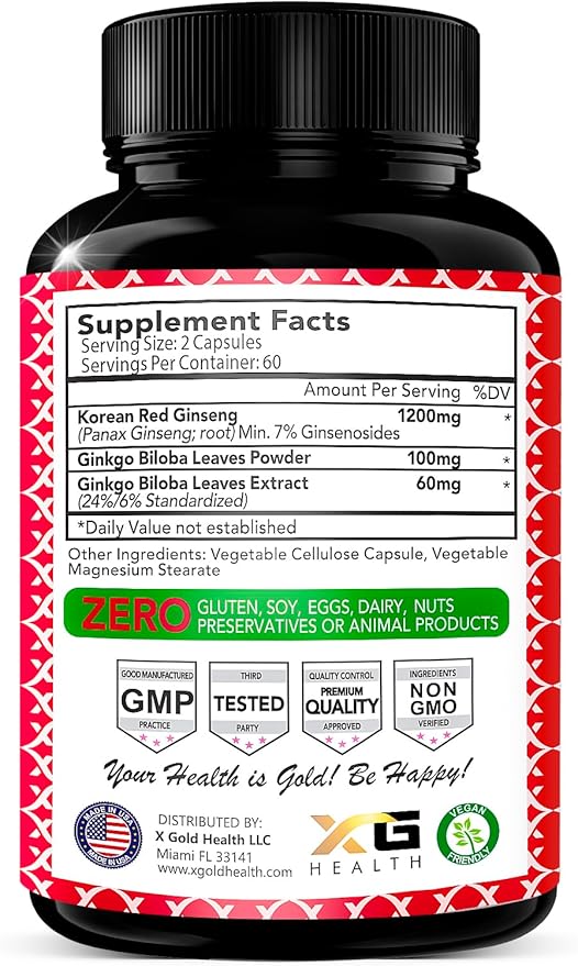 Korean Red Panax Ginseng 1200mg + Ginkgo Biloba -120 Vegan Capsules - High Ginsenosides Extra Strength Root Extract Powder Supplement for Energy, Performance & Focus Pills for Men & Women