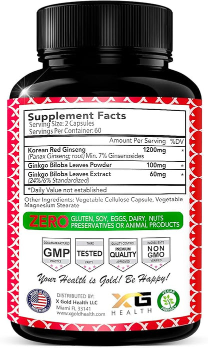 Korean Red Panax Ginseng 1200mg + Ginkgo Biloba -120 Vegan Capsules - High Ginsenosides Extra Strength Root Extract Powder Supplement for Energy, Performance & Focus Pills for Men & Women