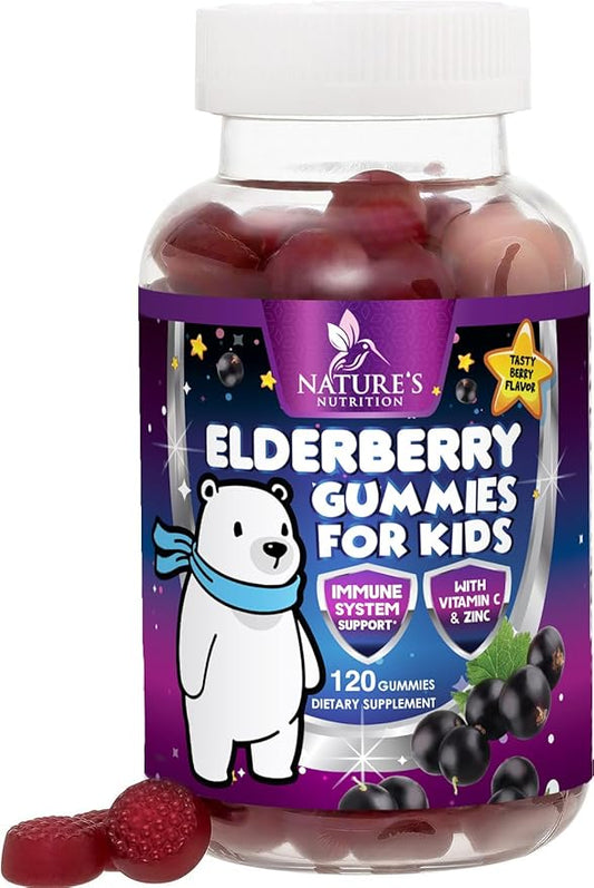 Sambucus Elderberry Immune Gummies for Kids with Vitamin C, Zinc & Elderberry, Daily Childrens Immune Support Vitamins Gummy Children Ages 4 Up, Natures Supplement, Non-GMO, Berry Flavor, 120 Gummies