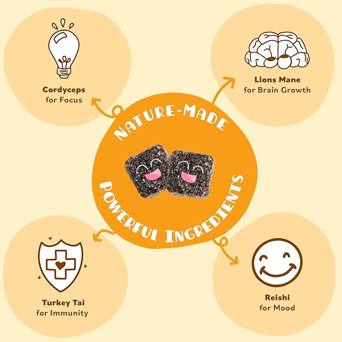 Mini Mushy's Organic Everyday Support Gummies | Turkey Tail, Reishi, Lions Mane, Cordyceps Mushrooms | for Kids Aged 2+ Natural Color, Allergy Friendly, Low Sugar | Strawberry Flavor - 30 Count