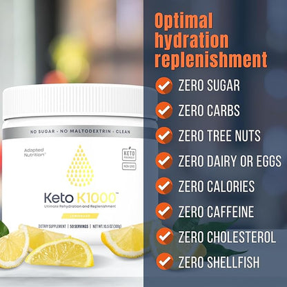 Hi-Lyte Keto K1000 Electrolyte Powder | Lemonade | Hydration Supplement Drink Mix | Boost Energy & Beat Leg Cramps | No Sugar, No Maltodextrin | 50 Servings