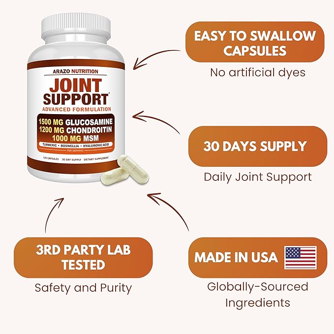 Arazo Nutrition Glucosamine Chondroitin Turmeric Msm Boswellia - Joint Support Supplement for Relief 120 Capsules for Bones, Back, Knees, Hands (120 Capsules)