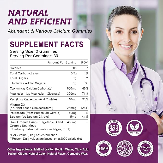 Calcium Magnesium Zinc with Vitamin D3 Supplement, Highly Absorbent Calcium Gummies with 300mg Magnesium glycinate Support Bone & Teeth, Muscle for Adults and Teens,Sugar Free, Vegan - 60 Count