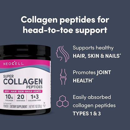NeoCell Super Collagen Peptides, 10g Collagen Peptides per Serving, Gluten Free, Keto Friendly, Non-GMO, Grass Fed, Healthy Hair, Skin, Nails and Joints, Unflavored Powder, 7 oz., 1 Canister