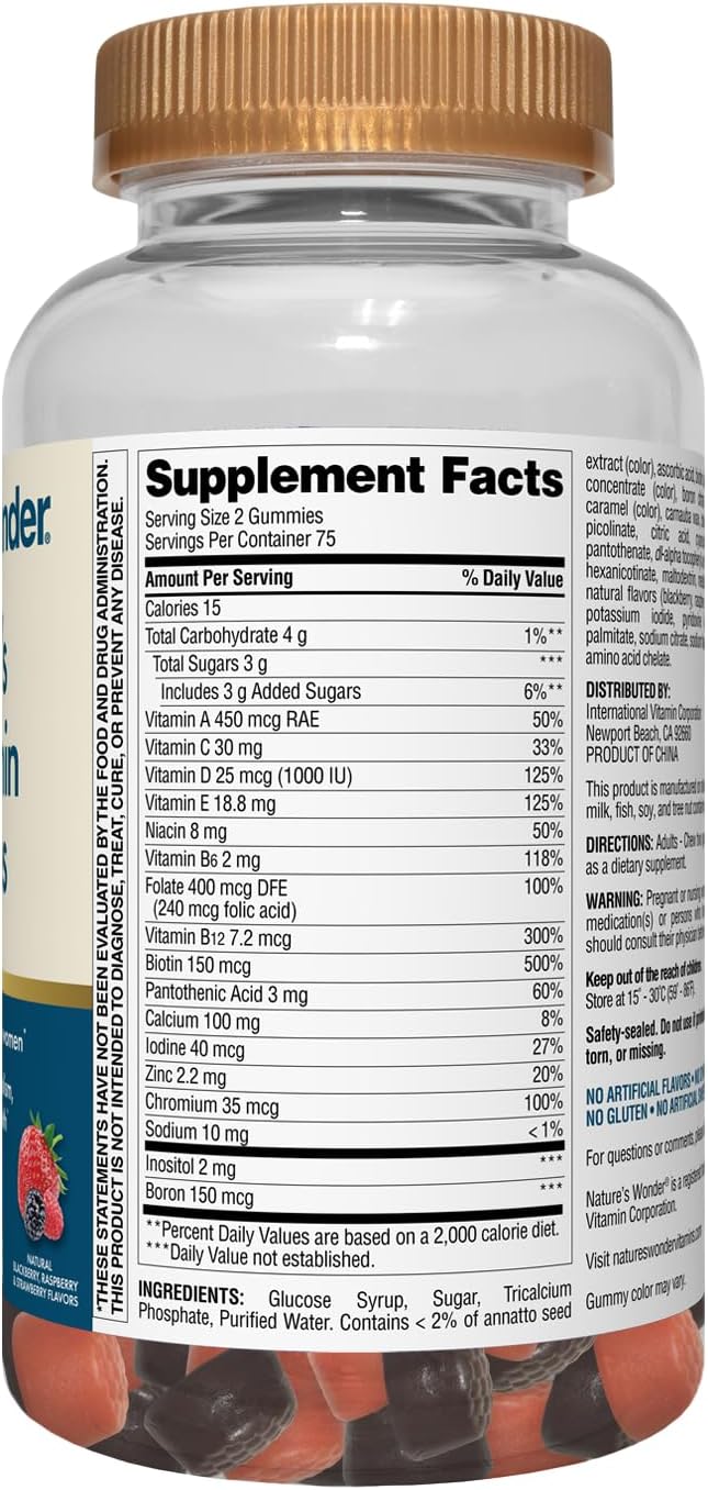 Nature's Wonder Women's Multivitamin Gummies, Supports Energy, Metabolism, Bone and Immune System Health with Vitamins A,C,D,B6, B12, Biotin, Folic Acid, 75 Day Supply, 150 Count