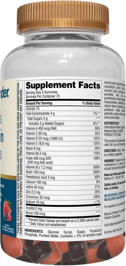 Nature's Wonder Women's Multivitamin Gummies, Supports Energy, Metabolism, Bone and Immune System Health with Vitamins A,C,D,B6, B12, Biotin, Folic Acid, 75 Day Supply, 150 Count