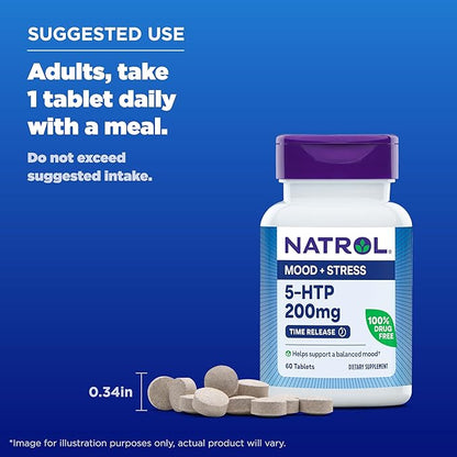 Natrol 5-HTP 200mg, Dietary Supplement Helps Support a Balanced Mood, 60 Time Release Tablets, 60 Day Supply