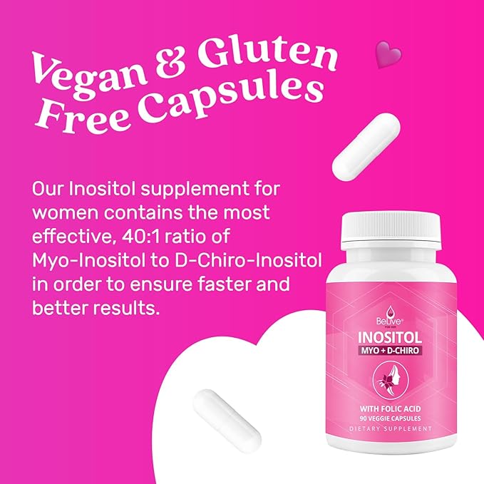 BeLive Myo-Inositol & D-Chiro Inositol Capsules - 90Ct I Inositol Supplement with Folic Acid Supplements for Woman, Optimal 40:1 Ratio - 2 Pack