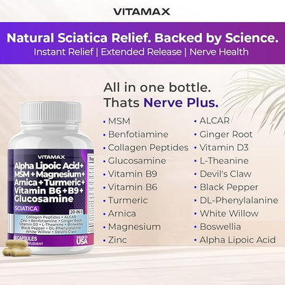 Sciatica Nerve Health Support - Sciatic Nerve Supplement Capsules with Folic Acid, Pea, Glucosamine, MSM, Vitamin B Complex, Alpha Lipoic Acid 300mg - Made in USA (60 Count (Pack of 2))