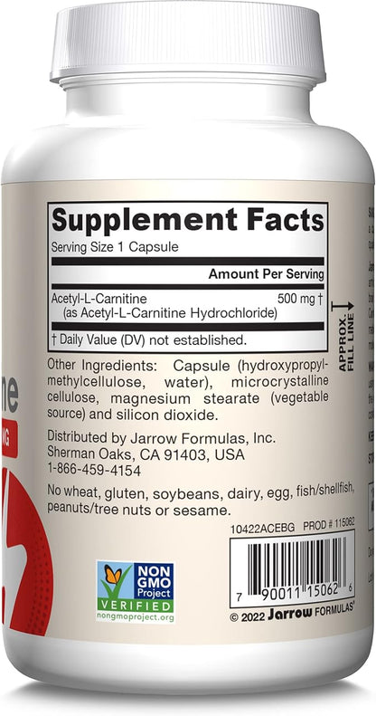 Jarrow Formulas Acetyl L-Carnitine 500 mg, Dietary Supplement, Amino Acid Support for Brain Health and Antioxidants, 120 Veggie Capsules, 120 Day Supply
