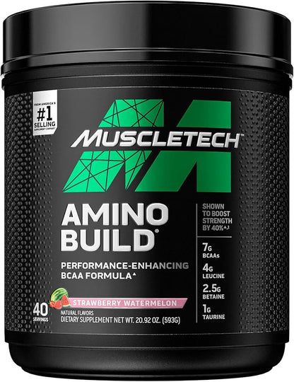BCAA Amino Acids + Electrolyte Powder MuscleTech Amino Build 7g of BCAAs + Electrolytes Support Muscle Recovery, Build Lean Muscle & Boost Endurance Strawberry Watermelon (40 Servings)