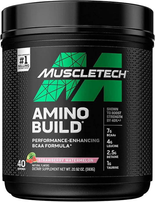 BCAA Amino Acids + Electrolyte Powder MuscleTech Amino Build 7g of BCAAs + Electrolytes Support Muscle Recovery, Build Lean Muscle & Boost Endurance Strawberry Watermelon (40 Servings)