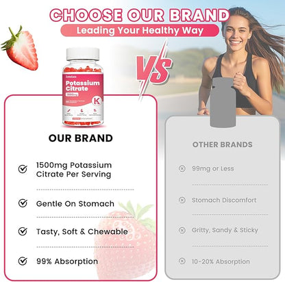Potassium Gummies for Adults & Women, 1500mg Potassium Citrate Supplement, Support Leg Cramps, Muscle Health & Electrolyte Balance, Sugar Free, Organic, Vegan, Strawberry, 60 Cts
