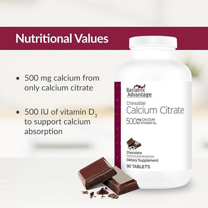Bariatric Advantage Calcium Citrate Chewable 500 mg - for Bariatric Surgery Patients - High-Potency, Easy-Digest Tablets - Calcium Citrate - Bone Strength Supplements* - 90 Count - Chocolate