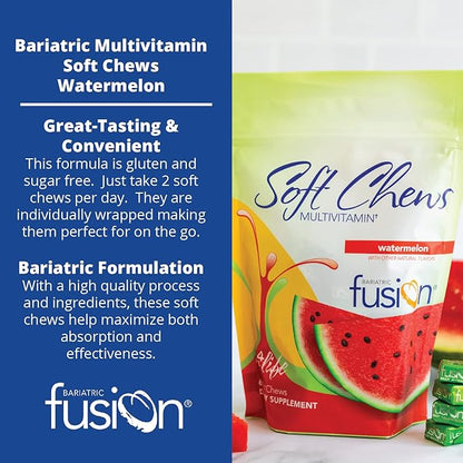 Bariatric Fusion Bariatric Multivitamin Soft Chew | Watermelon Fruit Flavor | Chewy for Post Bariatric Surgery Patients Including Gastric Bypass and Sleeve Gastrectomy | 60 Count | 1 Month Supply