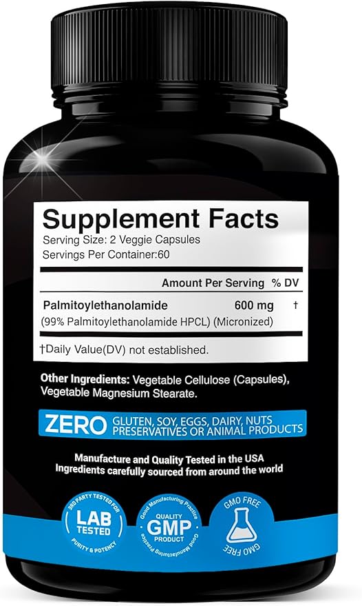 Palmitoylethanolamide Pea Supplement 600 mg | Micronized Pea 99% Highly Purified and Bioavailable | Made in USA | Supplement for Men and Women - 120 Capsules