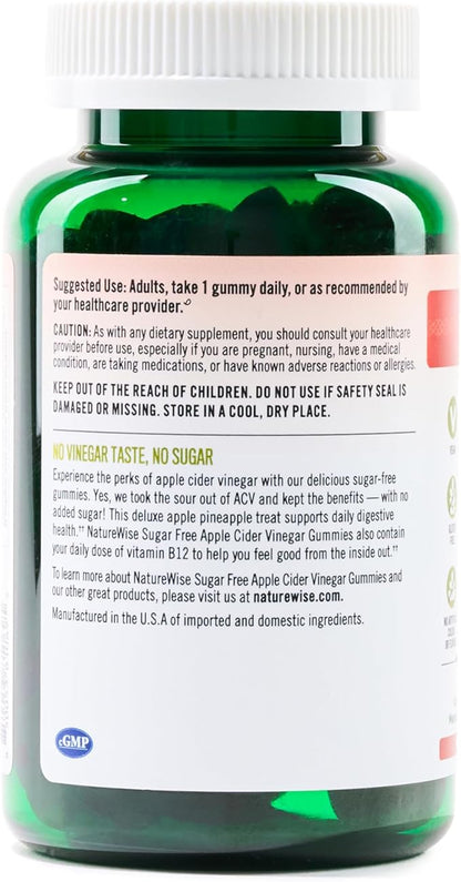 NatureWise Apple Cider Vinegar ACV Gummies - 1000mg ACV per 2, Sugar Free, Vegan - Energy & Gut Health - ACV Gummies W/Vitamin B12-90 Gummies[1.5-Month Supply for 1000mg / 3-Month Supply for 500mg]