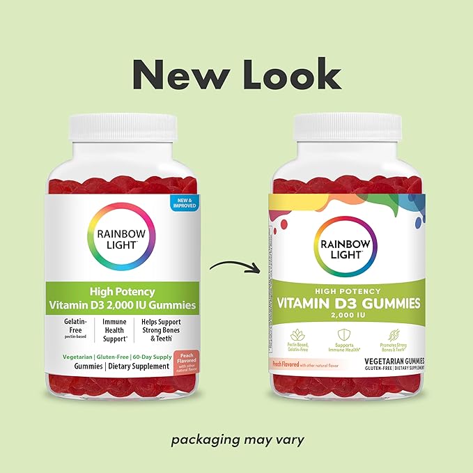 Rainbow Light Vitamin D Gummies, High Potency Vitamin D3 2,000IU Immune Health Support, Helps Support Strong Bones & Teeth, Gluten Free, Vegan, Peach, 120 Gummies