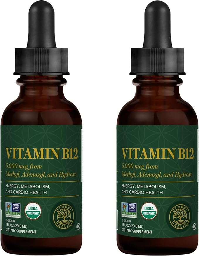Global Healing Vitamin B12 5000 mcg, Organic Sublingual Liquid Drops | 3-in-1 Methylcobalamin, Adenosylcobalamin, Hydroxo Blend, 1 Fl Oz (2-Pack)