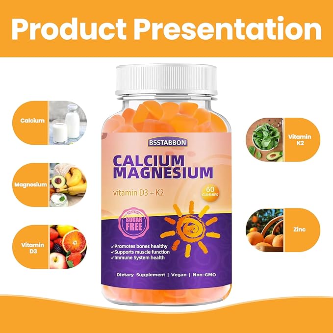 Calcium Magnesium Gummies for Adult: with Zinc Vitamin D3 K2 for Women Men Organic Sugar Free Vegan Chewable Gummy - High Absorption for Immune Strength（60count