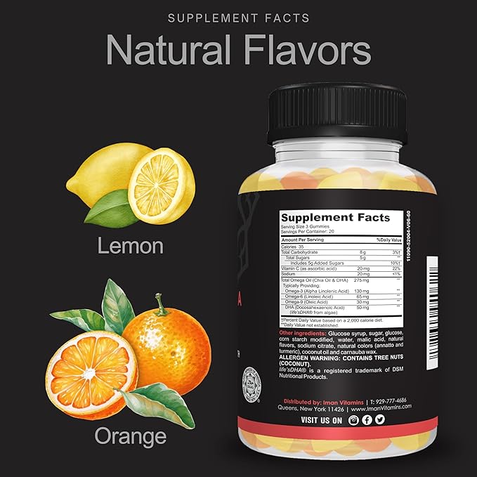 Halal Omega 3 6 9 + DHA Gummies for Adults | Supports Eyes, Brain, Immune & Heart Health | Vegetarian & Gluten Free| Vitamin C, Essential Fatty Acids & Plant-Based | 60 Count